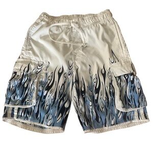 SB Flame Print Blue Board Shorts Swim Trunks Pocket Style Size Medium